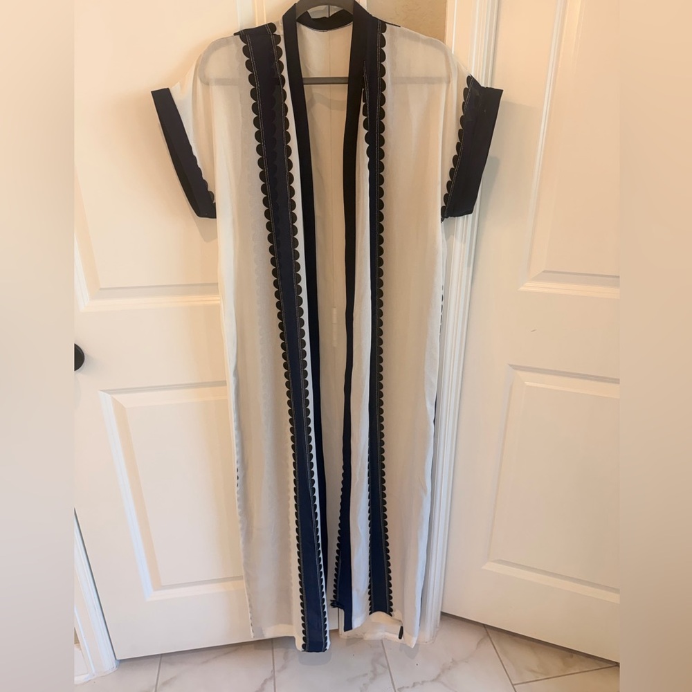 Sheer White and Navy Swim Coverup Kimono